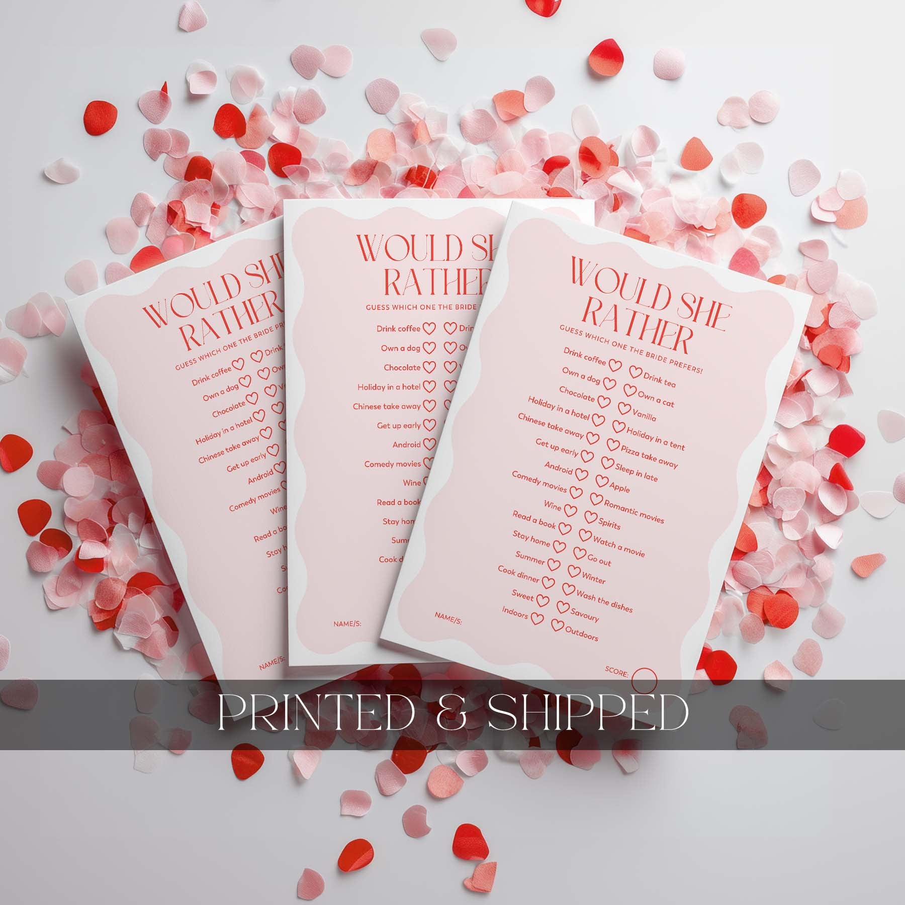 Three 'Advice' cards on a surface with heart-shaped confetti