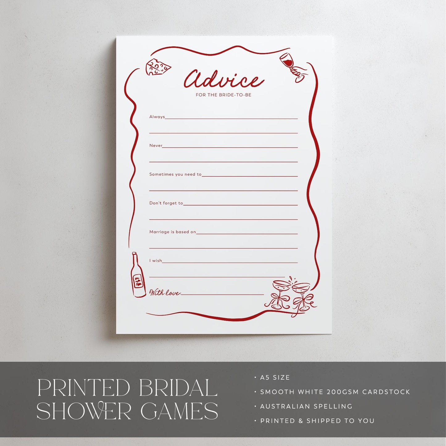 Bridal shower game advice card with red text and graphics on a white background