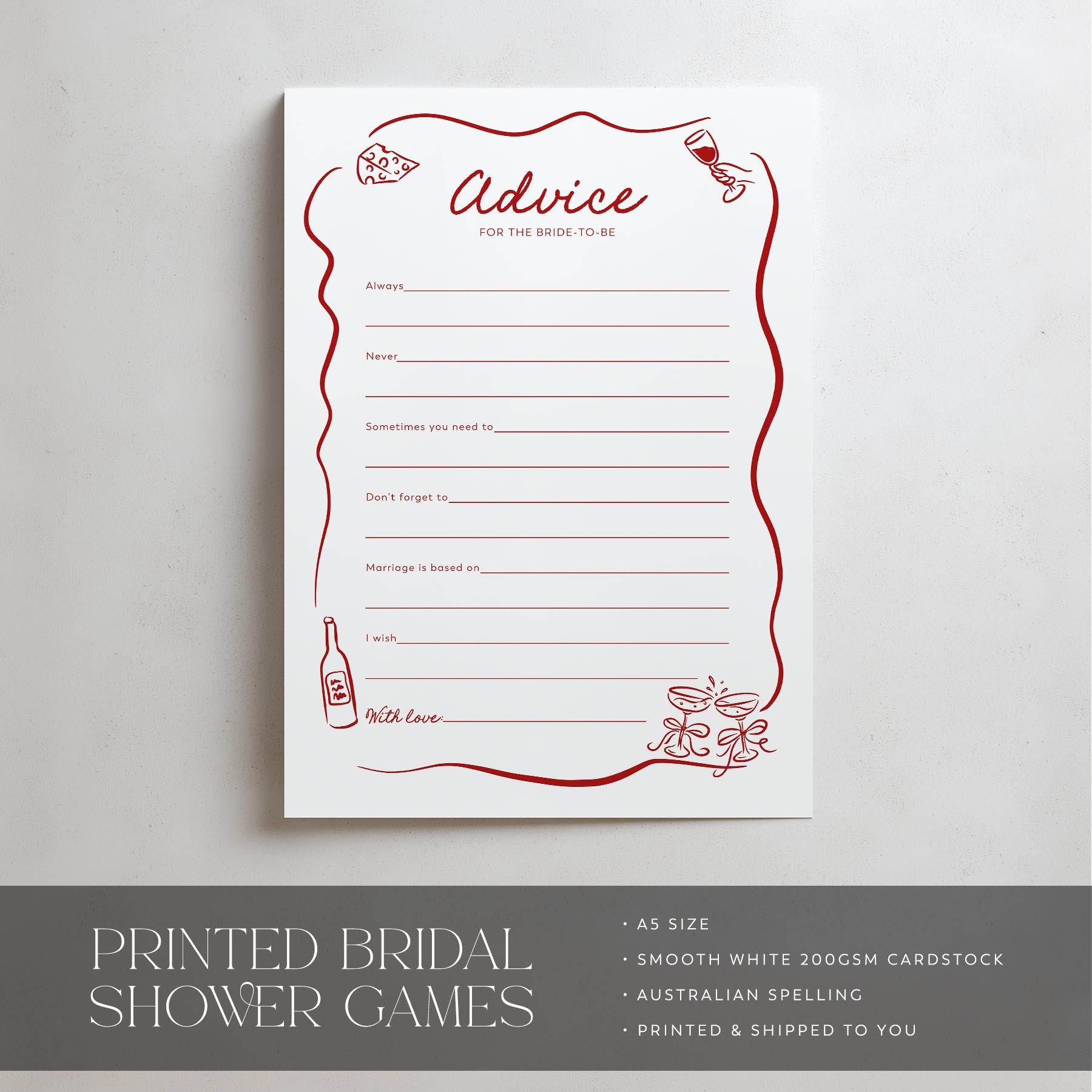 Bridal shower game advice card with red text and graphics on a white background