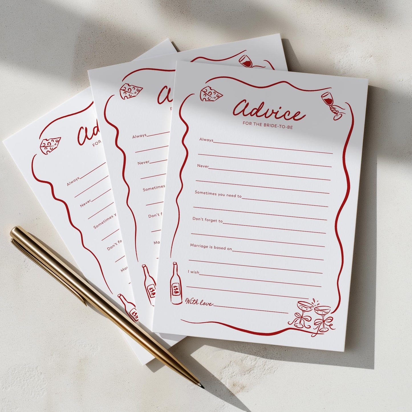 Three sheets of paper with 'Advice' text and decorative elements on a light surface.