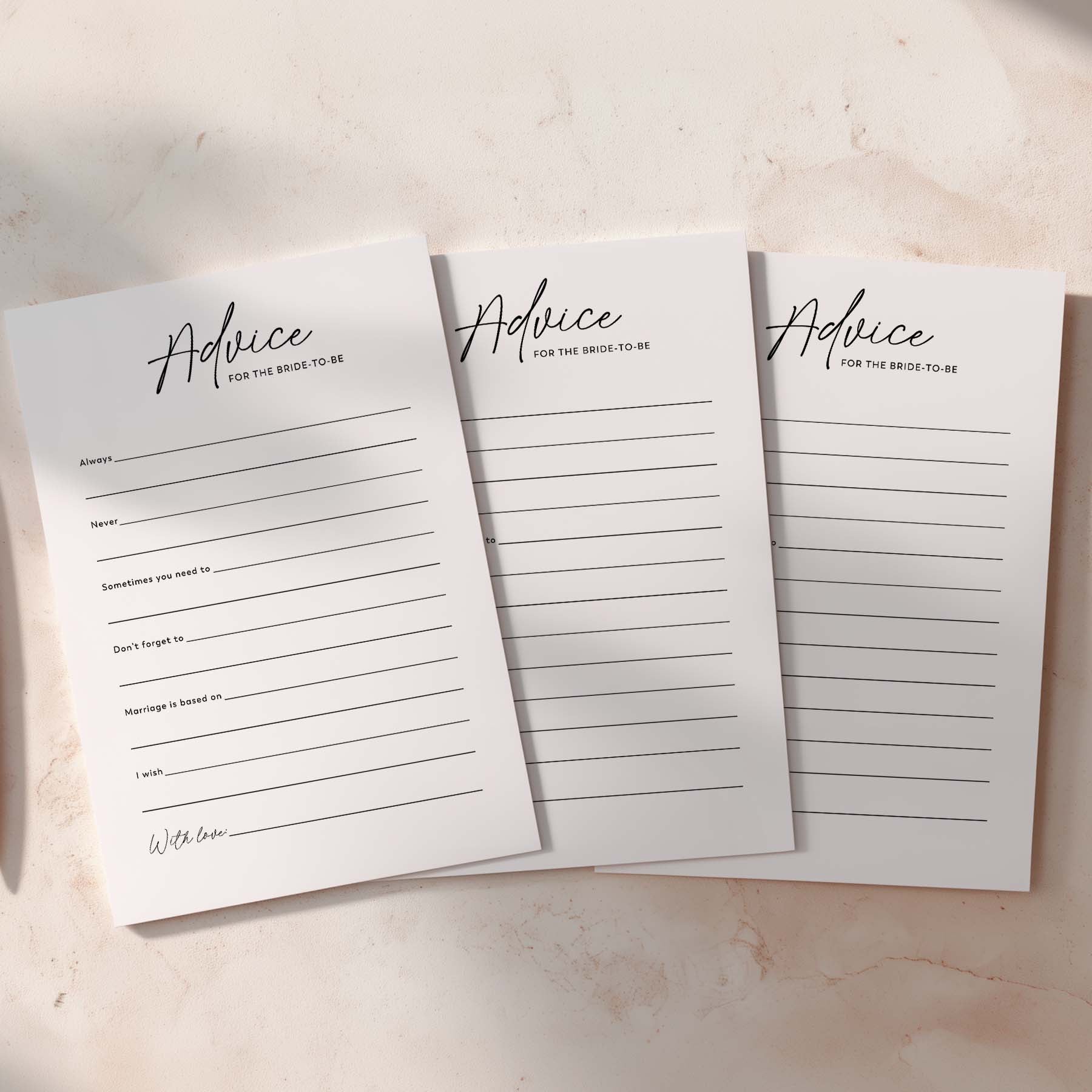Three black and white advice cards for bridal shower