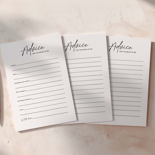 Three black and white advice cards for bridal shower