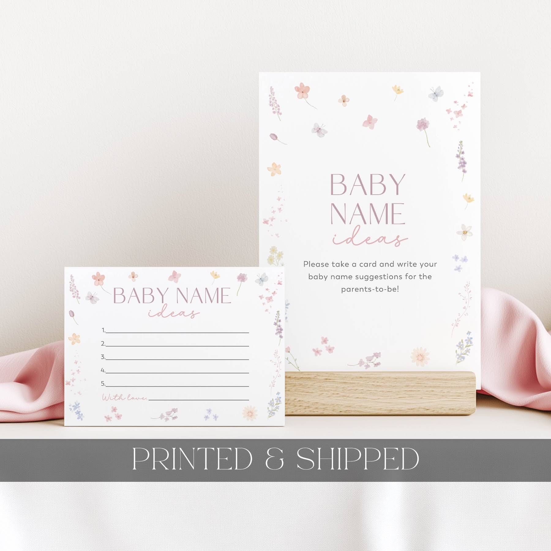 Floral baby name suggestion cards on a light background with 'Printed & Shipped' text.