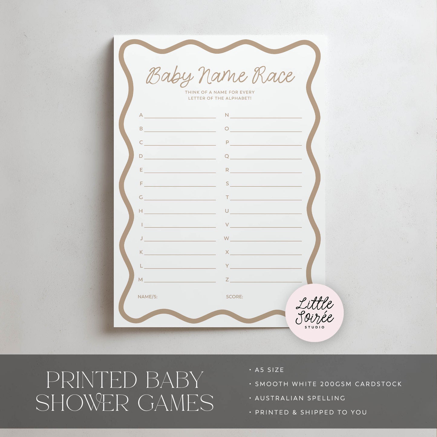 Baby Name Race game sheet for baby shower on a light gray background with 'Little Soiree' branding.
