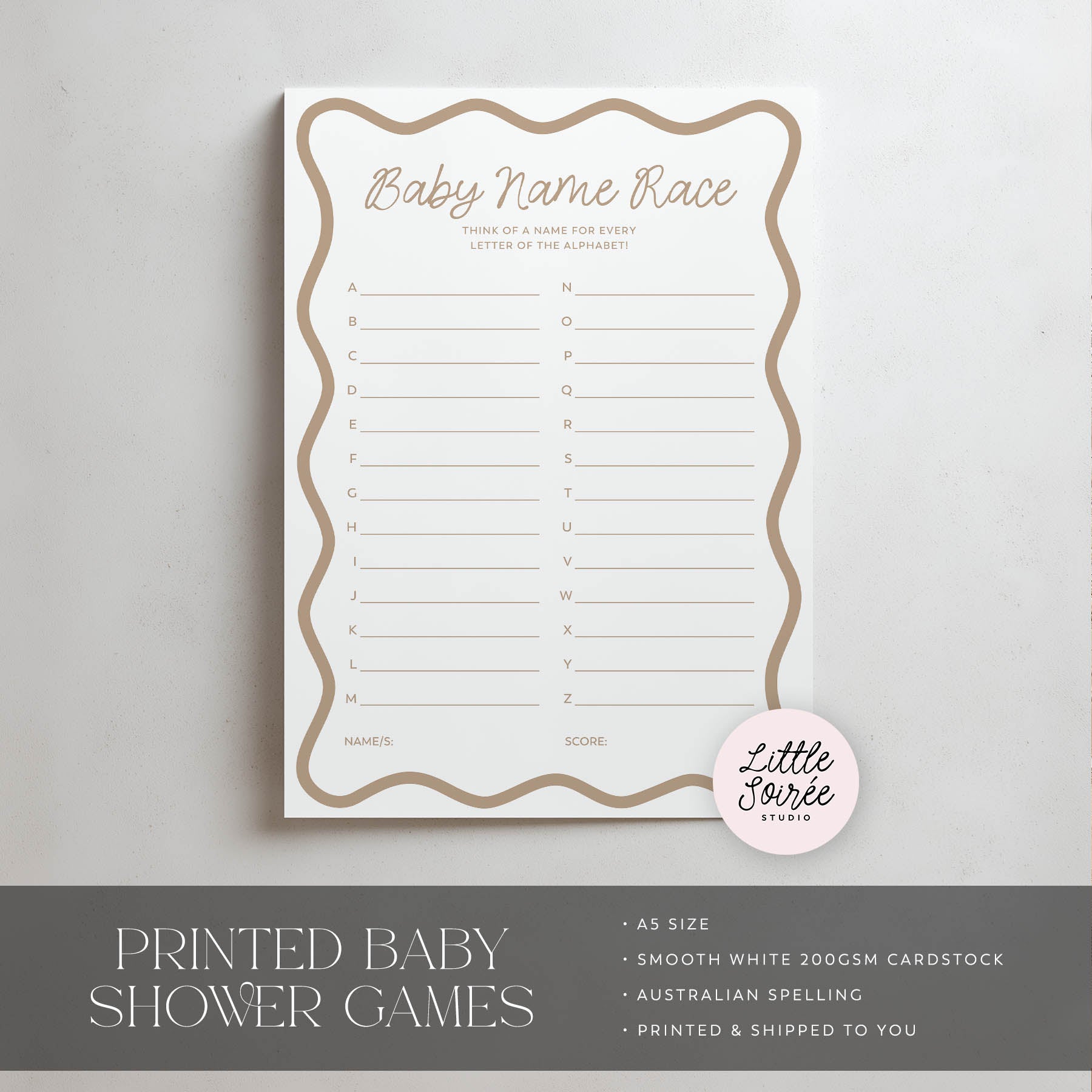 Baby Name Race game sheet for baby shower on a light gray background with 'Little Soiree' branding.