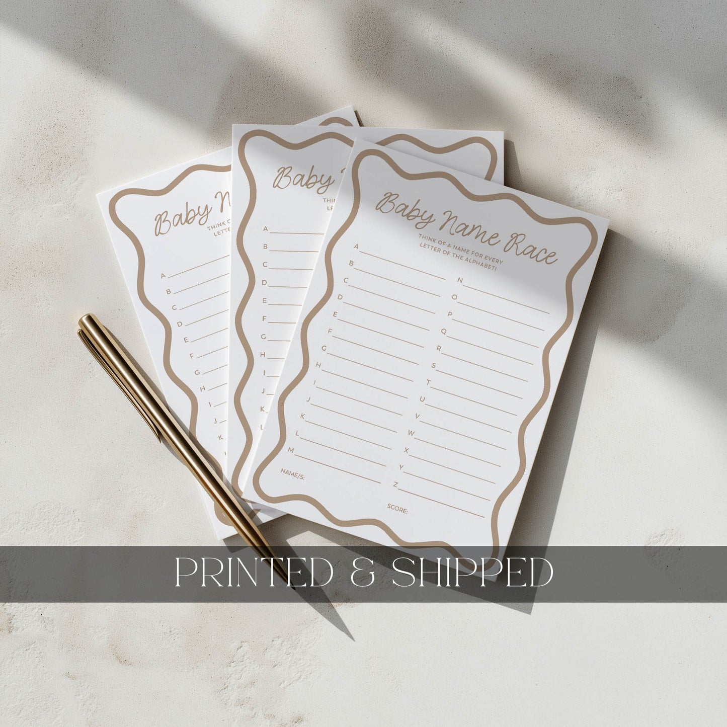 Three baby name lists with decorative borders on a light gray background.