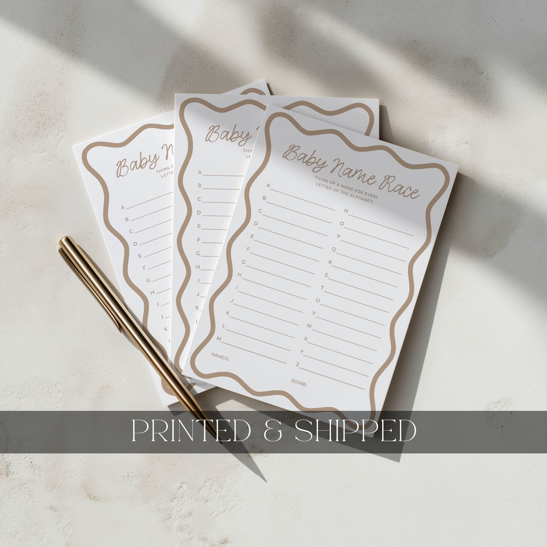 Three baby name lists with decorative borders on a light gray background.