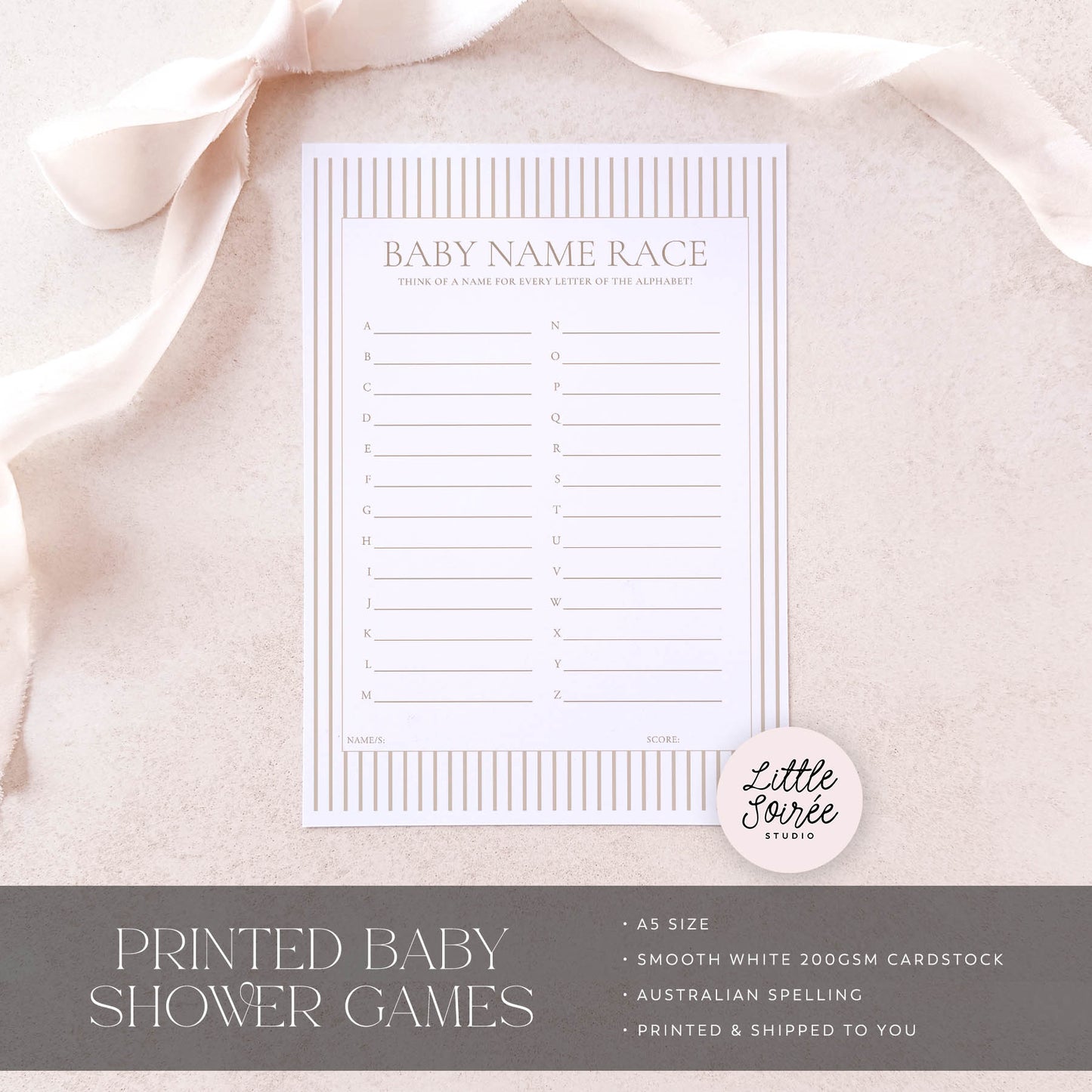 Baby name race game sheet on a soft fabric background with 'Little Souris Studio' branding.
