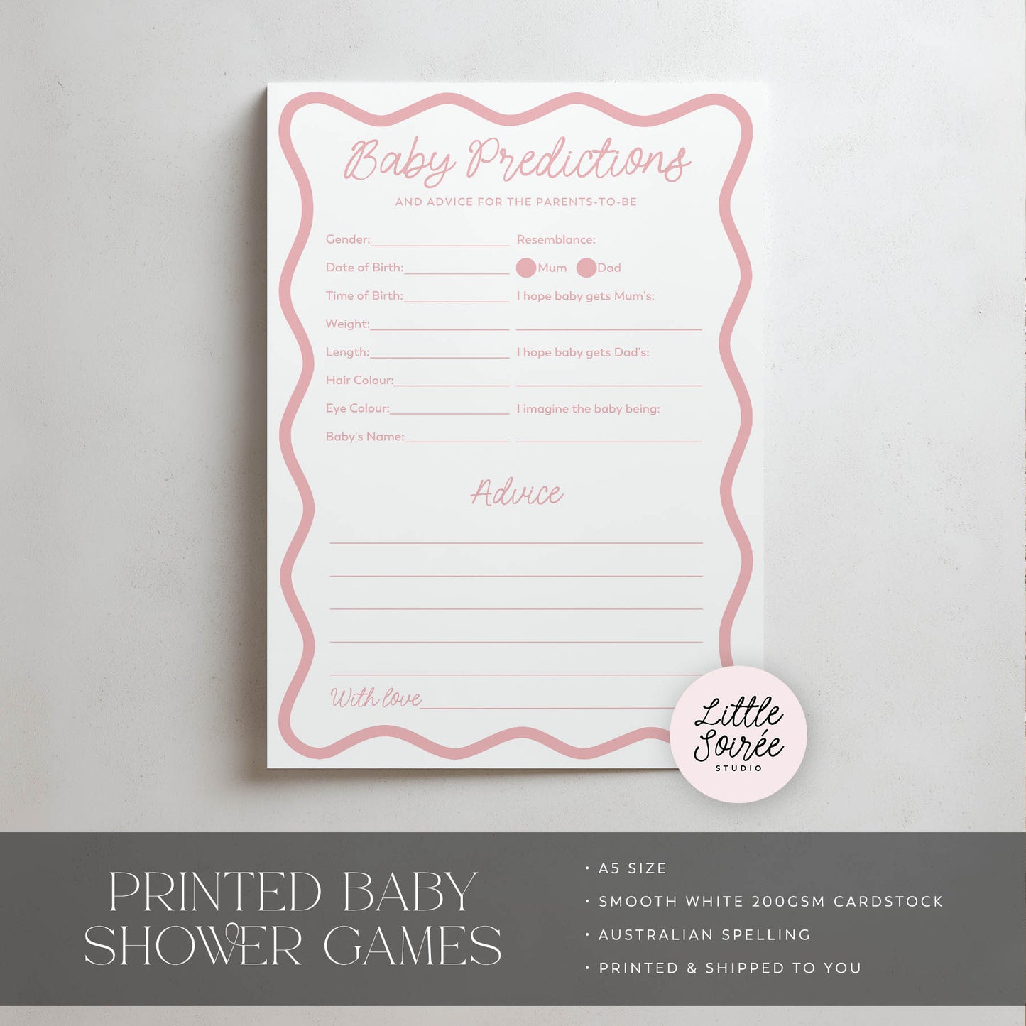 Printed Baby Shower Predictions & Advice Game – Pink Wavy | Baby Shower Games Australia