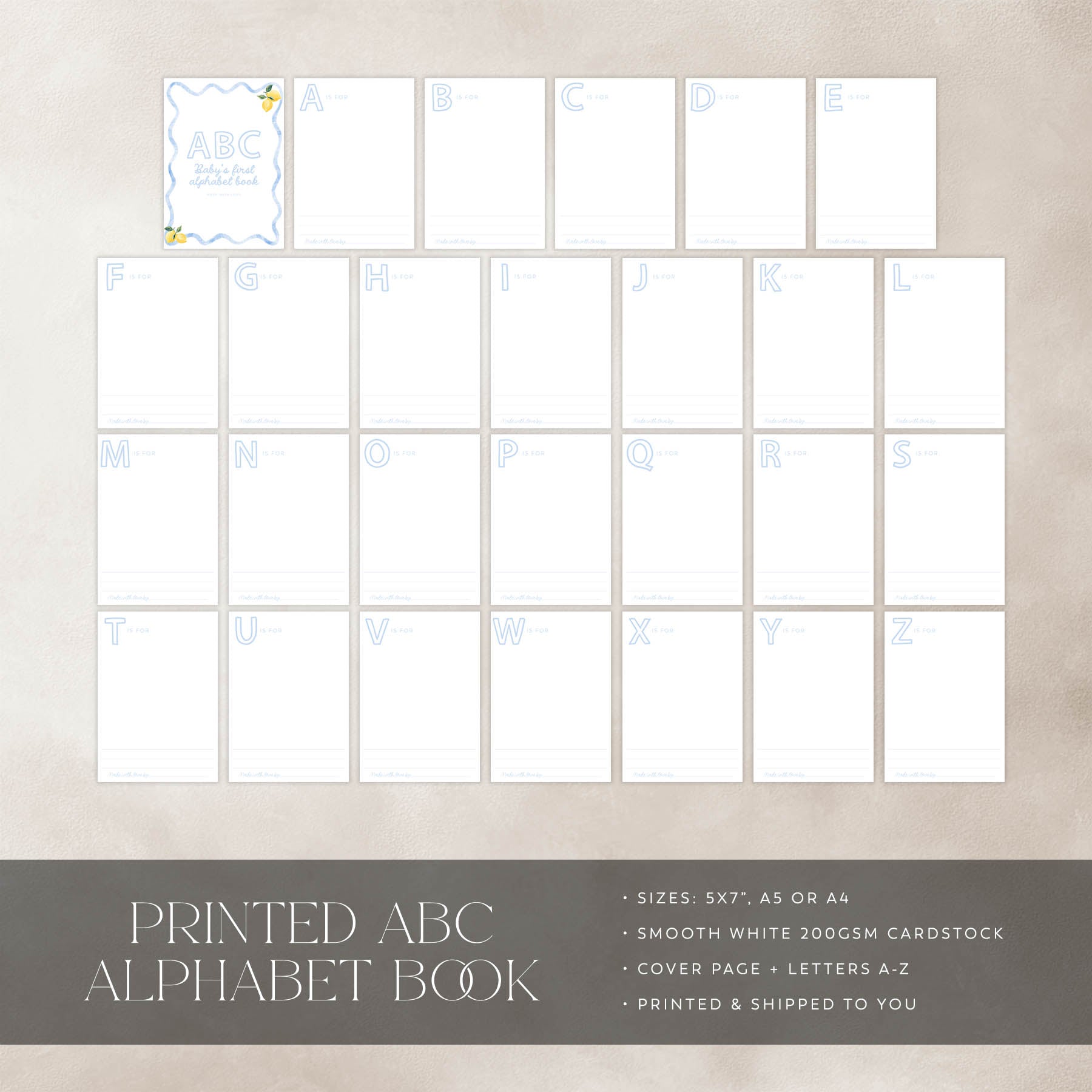 Printed ABC Alphabet Book with letter pages on a beige background