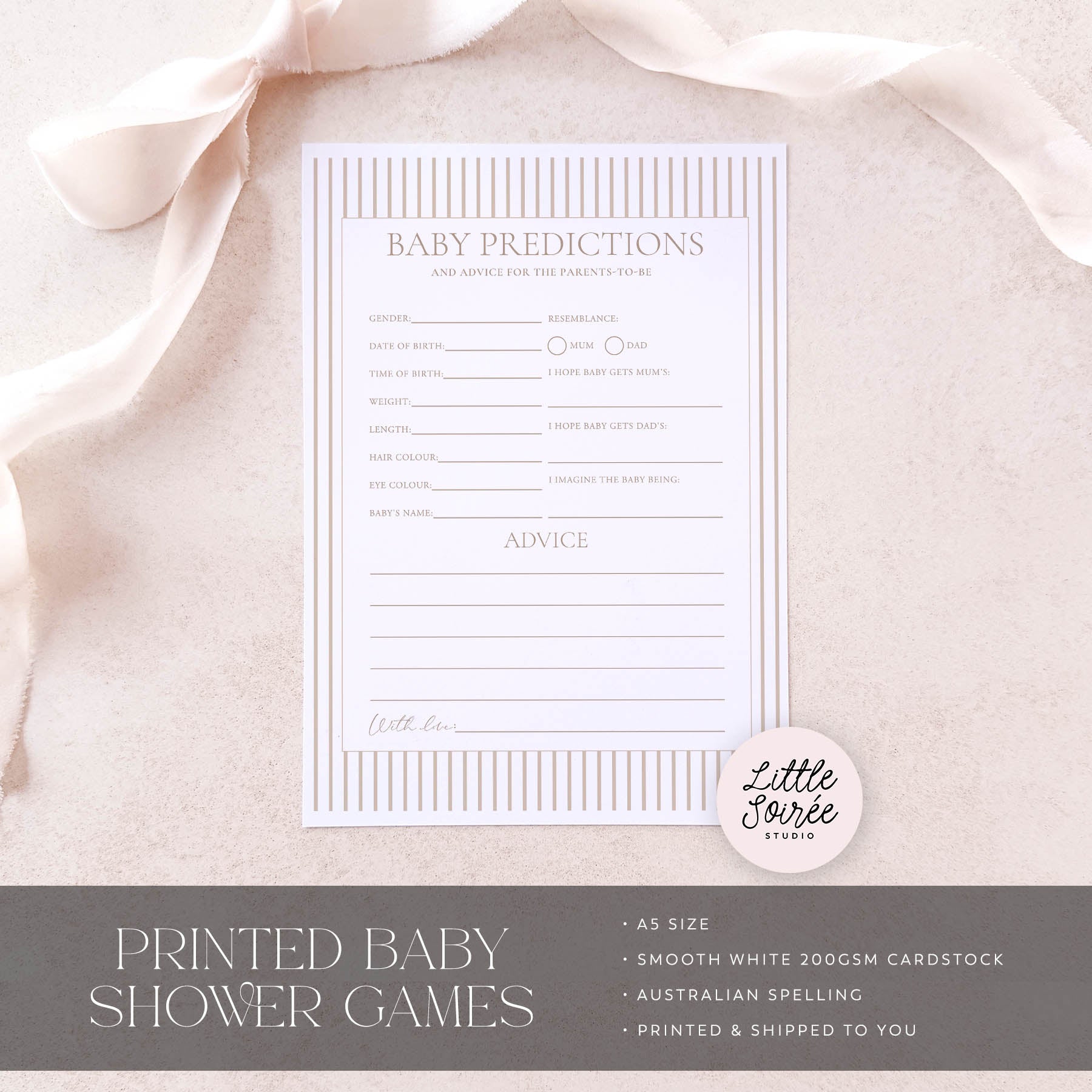 Baby shower game card on a soft pink fabric background with 'Little Souris Studio' branding.