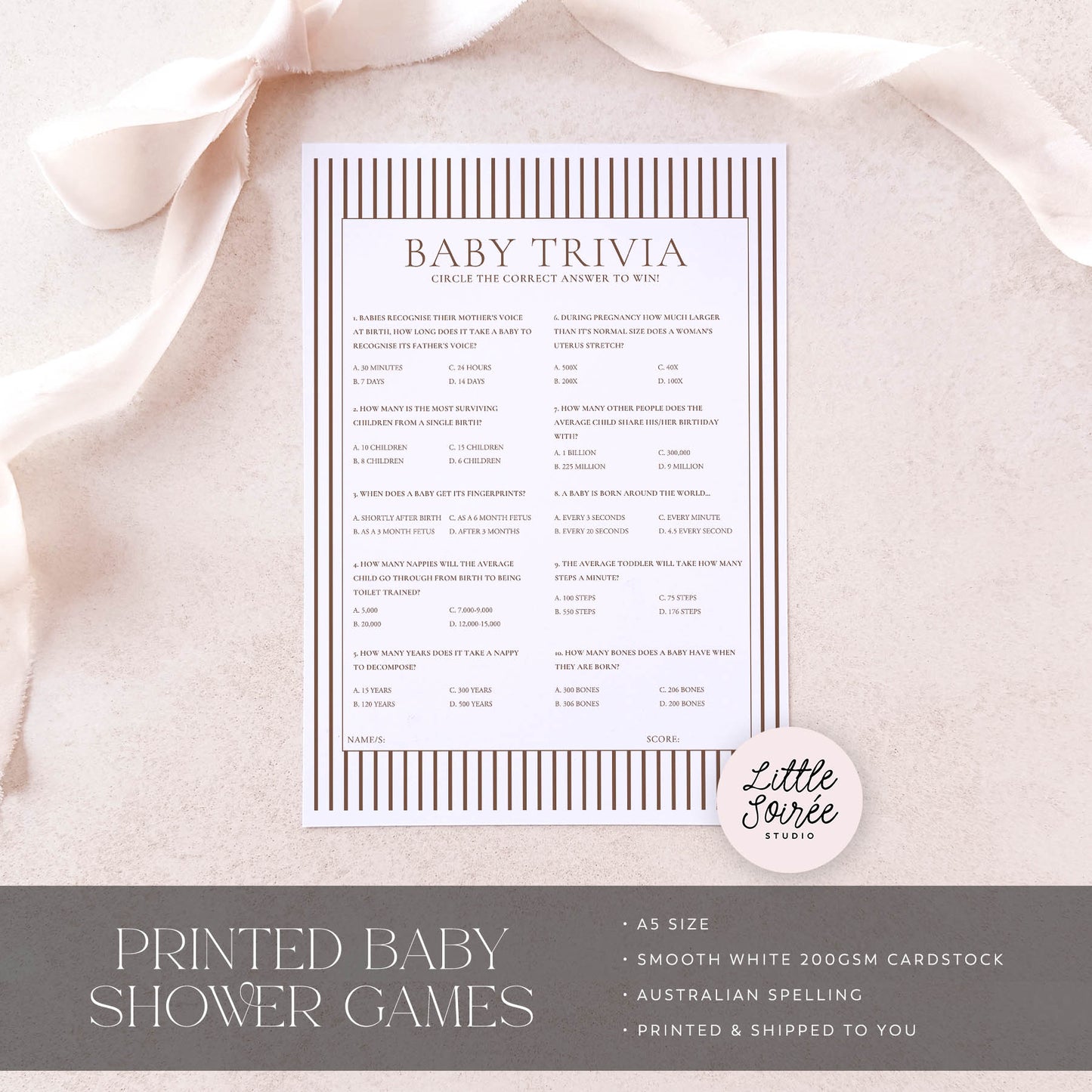 Printed Baby Trivia – Brown Minimalist Stripe | Baby Shower Games Australia
