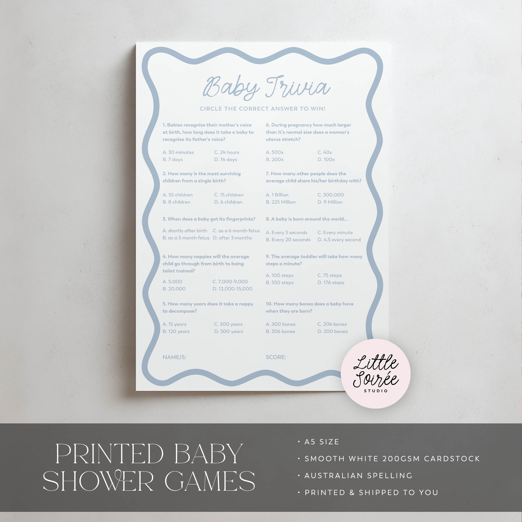 Baby trivia game sheet with 'Little Soiree' branding on a gray background
