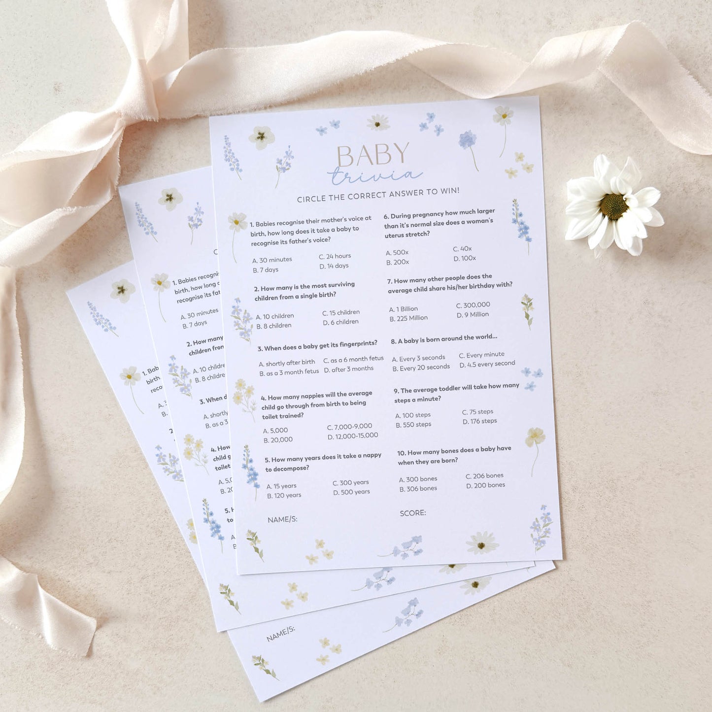 Printed Baby Trivia – Blue Wildflower | Baby Shower Games Australia