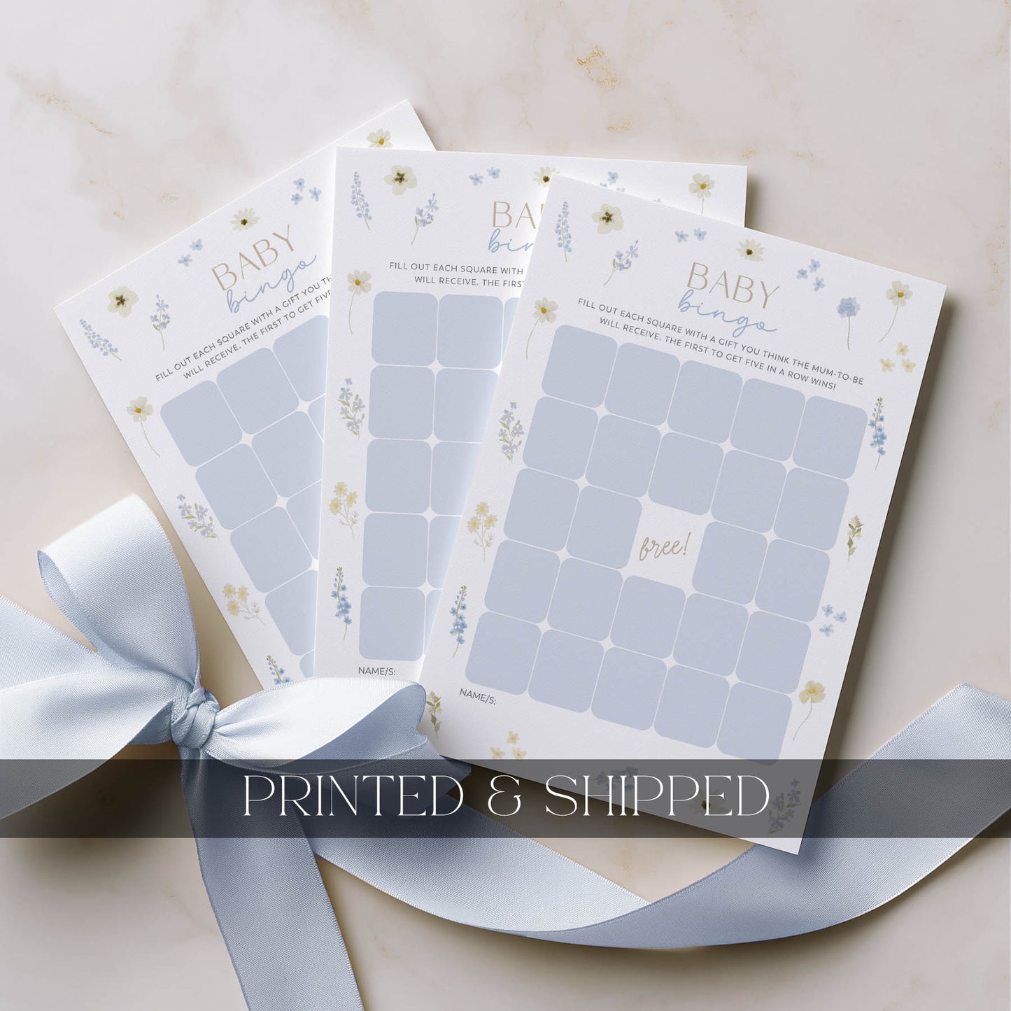 Printed Baby Bingo – Blue Wildflower | Baby Shower Games Australia