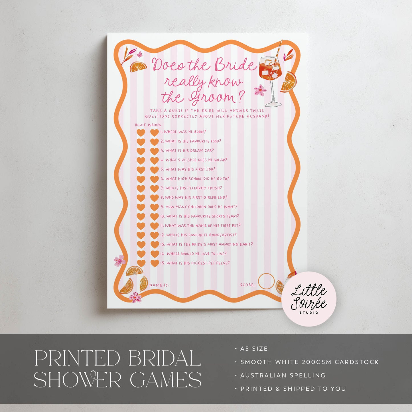 Printed Does the Bride Know the Groom - First Spritz | Bridal Shower Games Australia