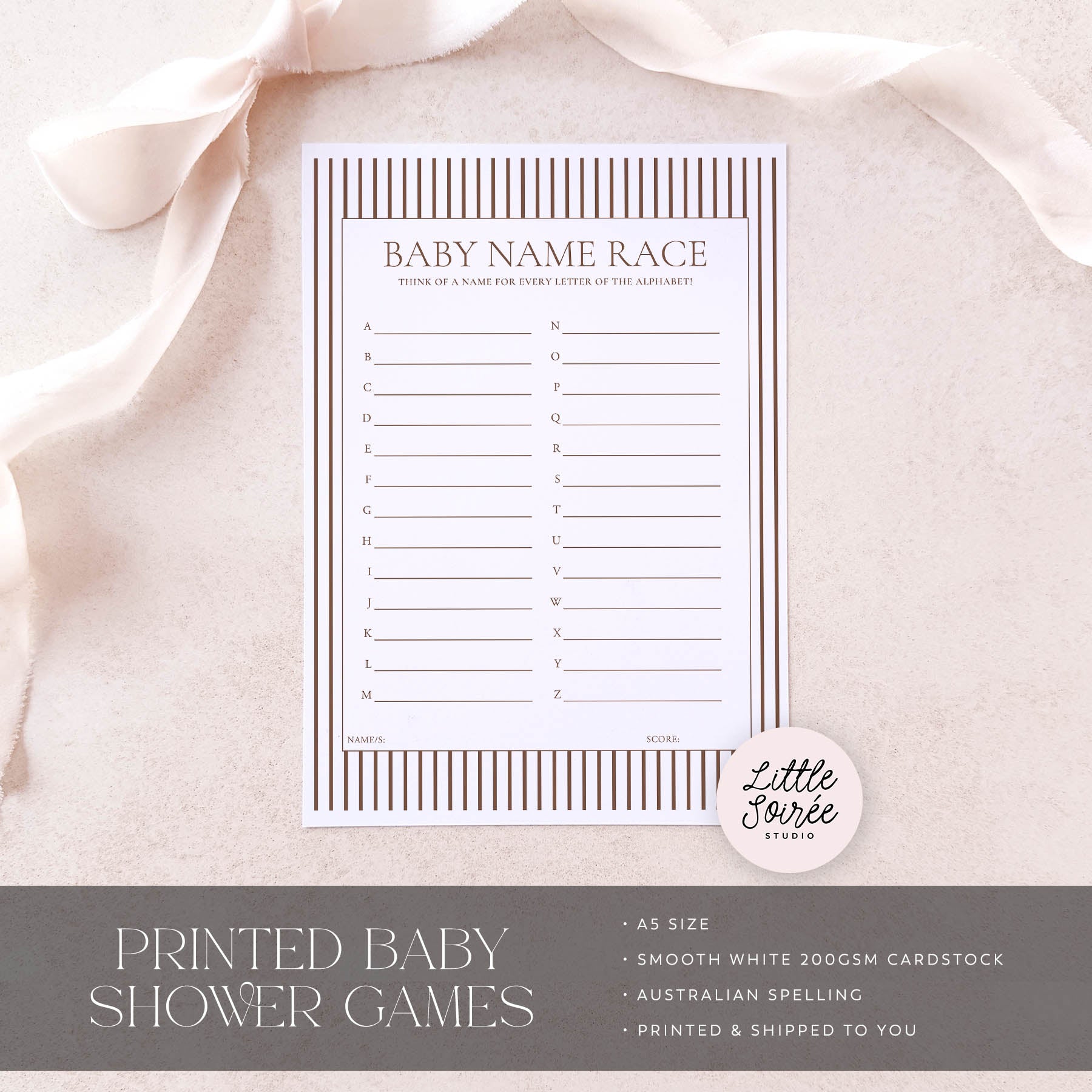 Baby name race game sheet on a soft fabric background with 'Little Souris Studio' branding.