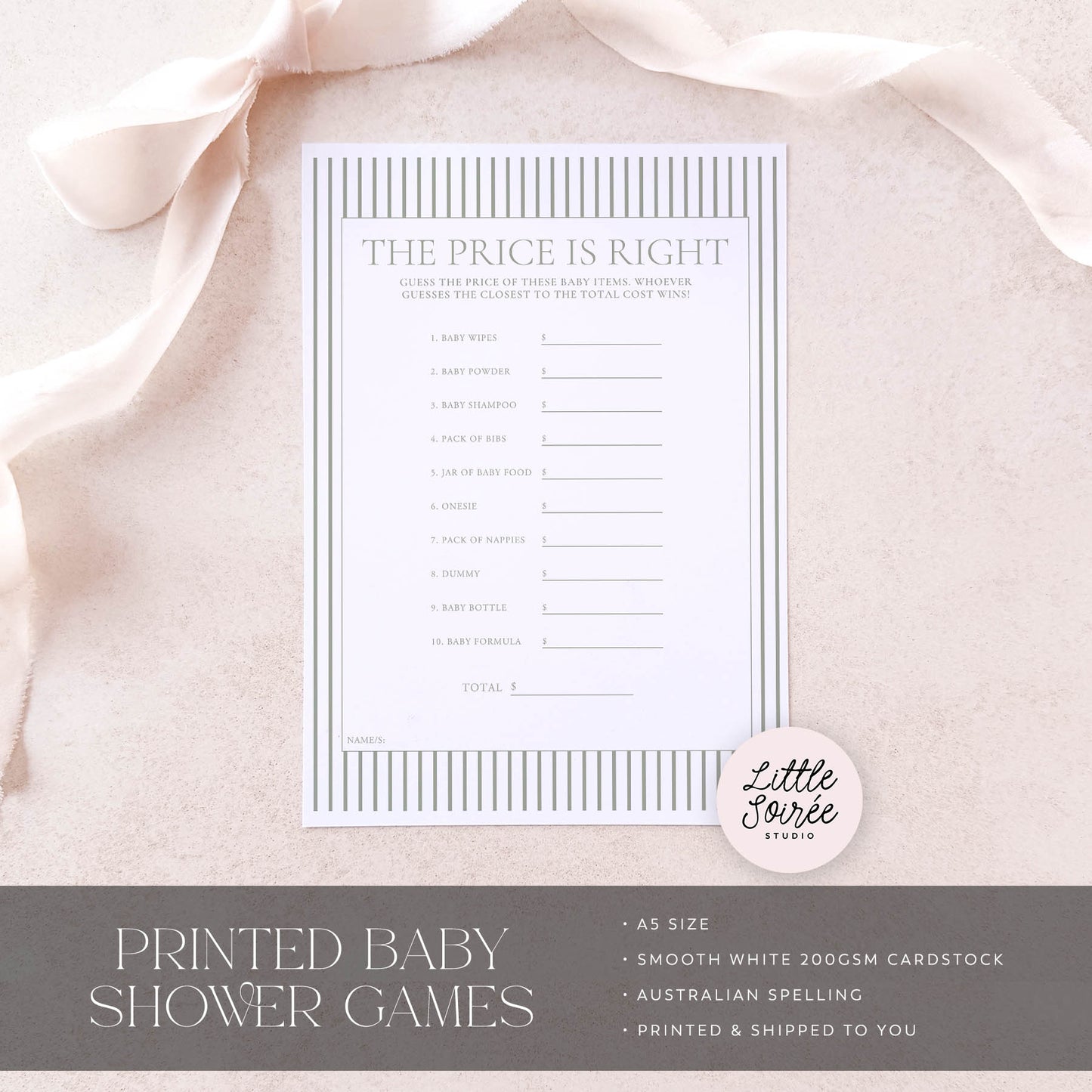 Baby shower game card titled 'The Price is Right' on a soft pink fabric background with 'Little Sourie Studio' branding.