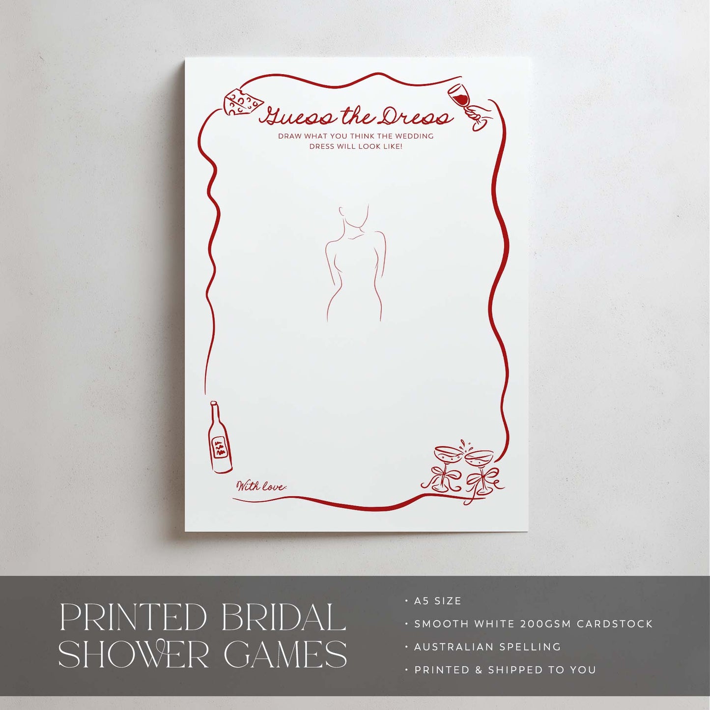 Bridal shower game card with red outline of a dress on a white background