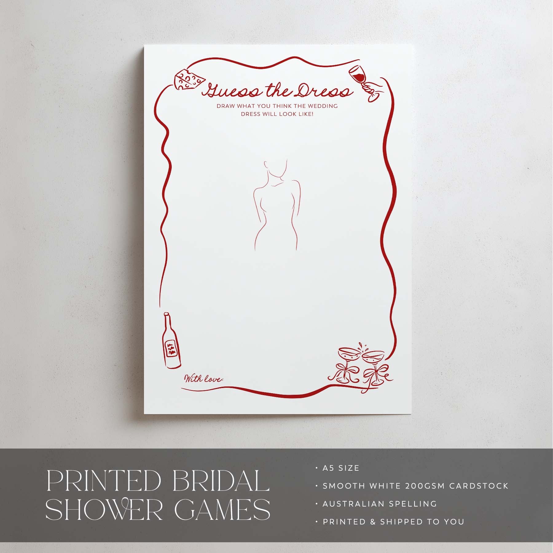 Bridal shower game card with red outline of a dress on a white background