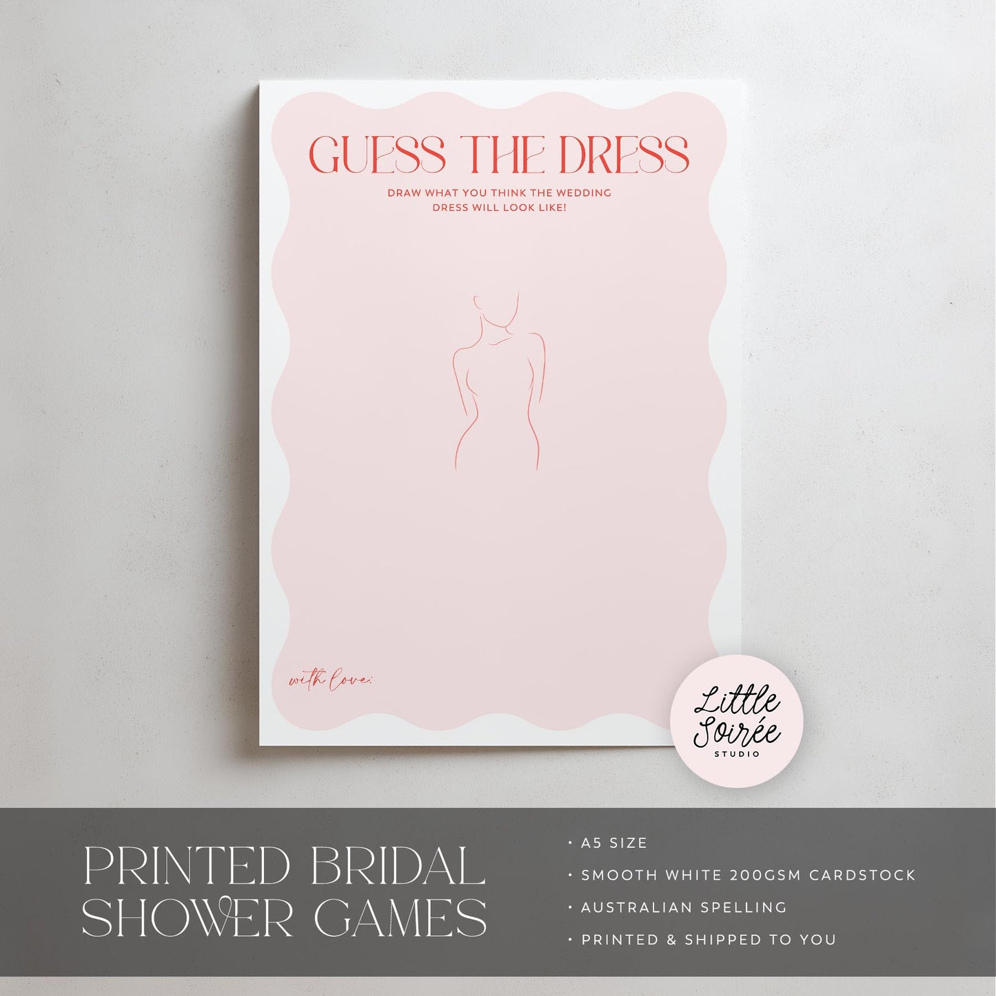Guess the dress bridal shower game card with a pink background and white text on a gray background.