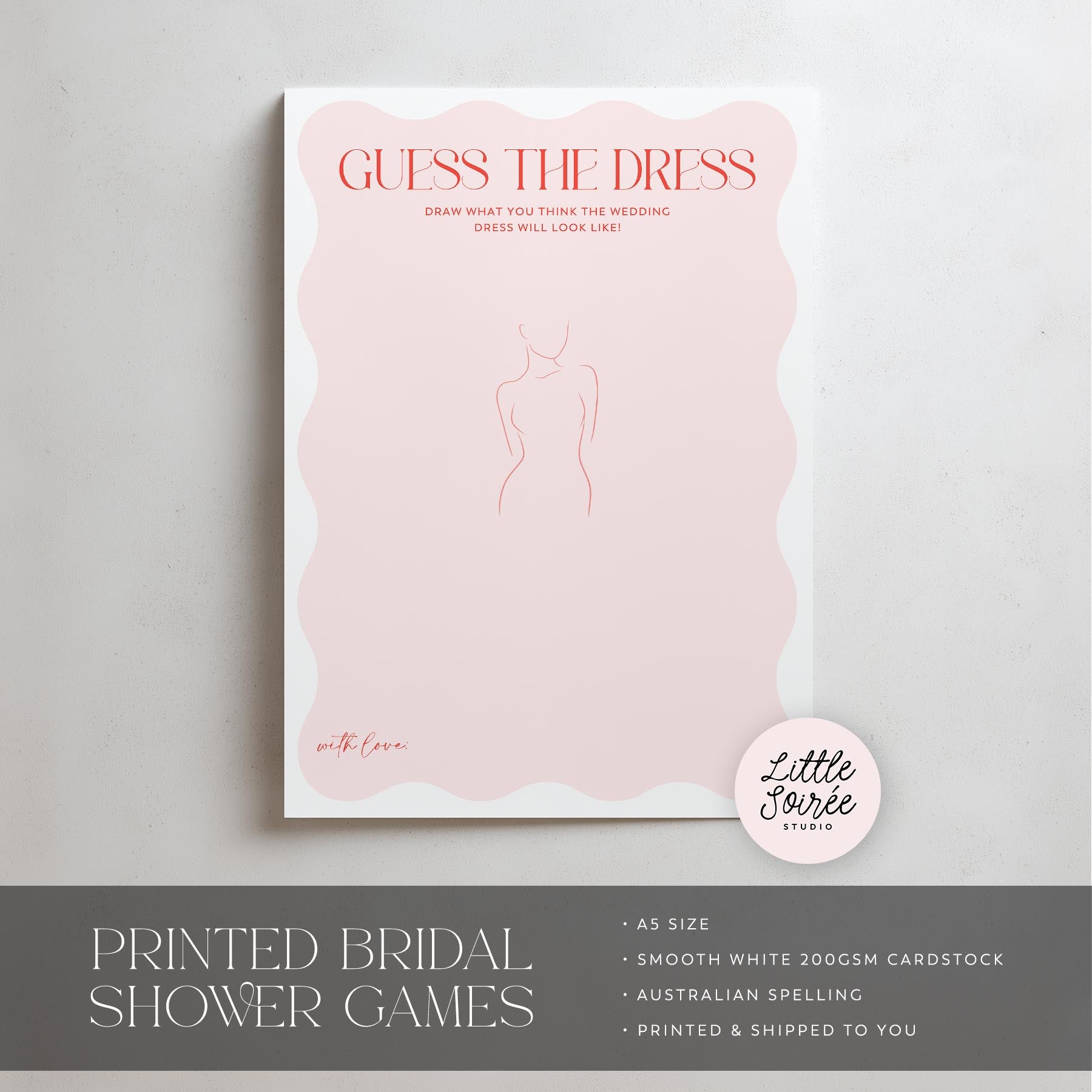 Guess the dress bridal shower game card with a pink background and white text on a gray background.
