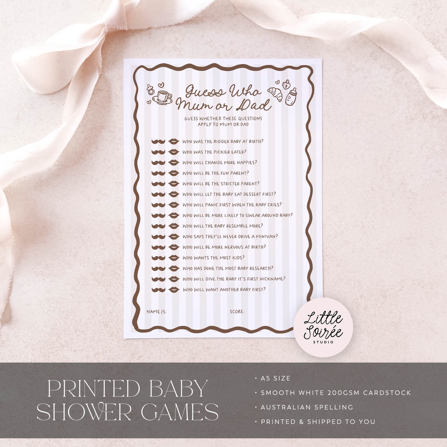 Baby shower game sheet with mustache graphics on a light pink background, featuring 'Little Sourie Studio' branding.