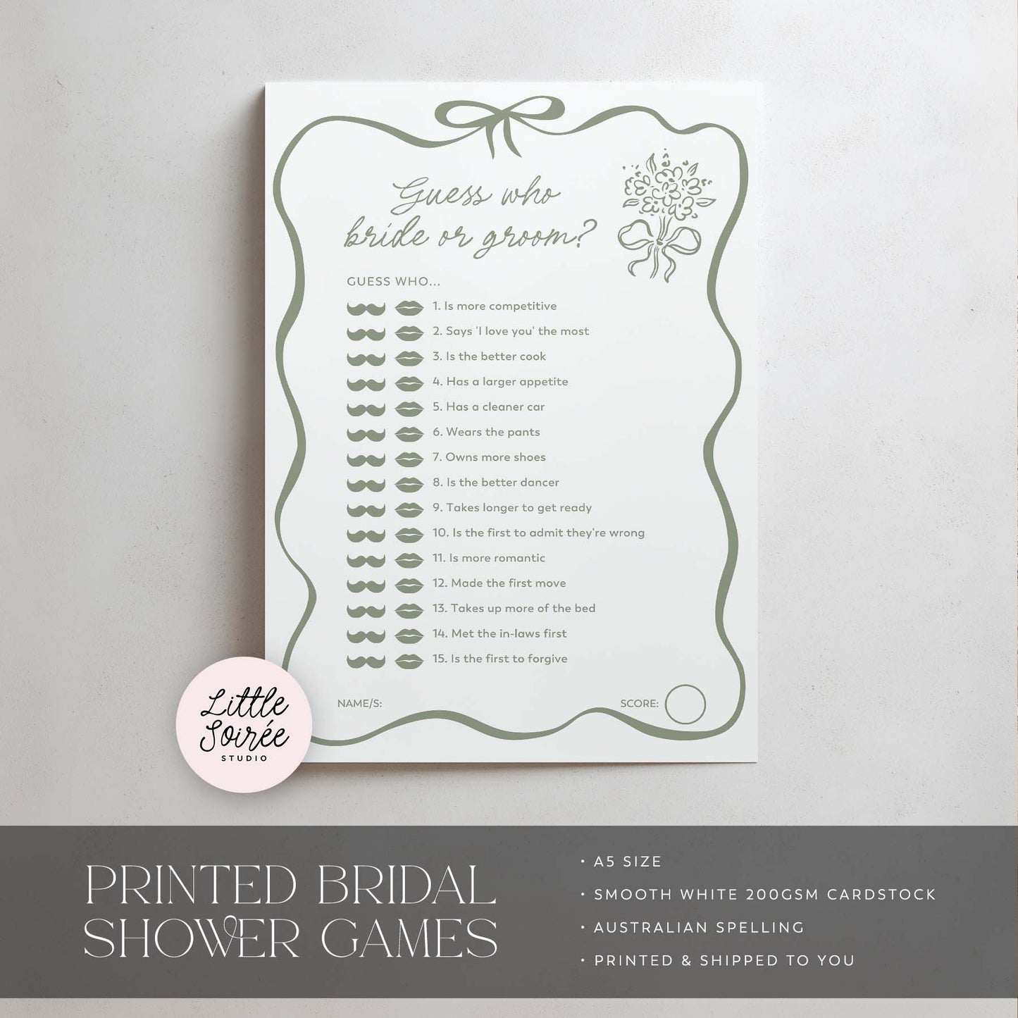 Printed Guess Who Bride or Groom - Sage Green Bow | Bridal Shower Games Australia