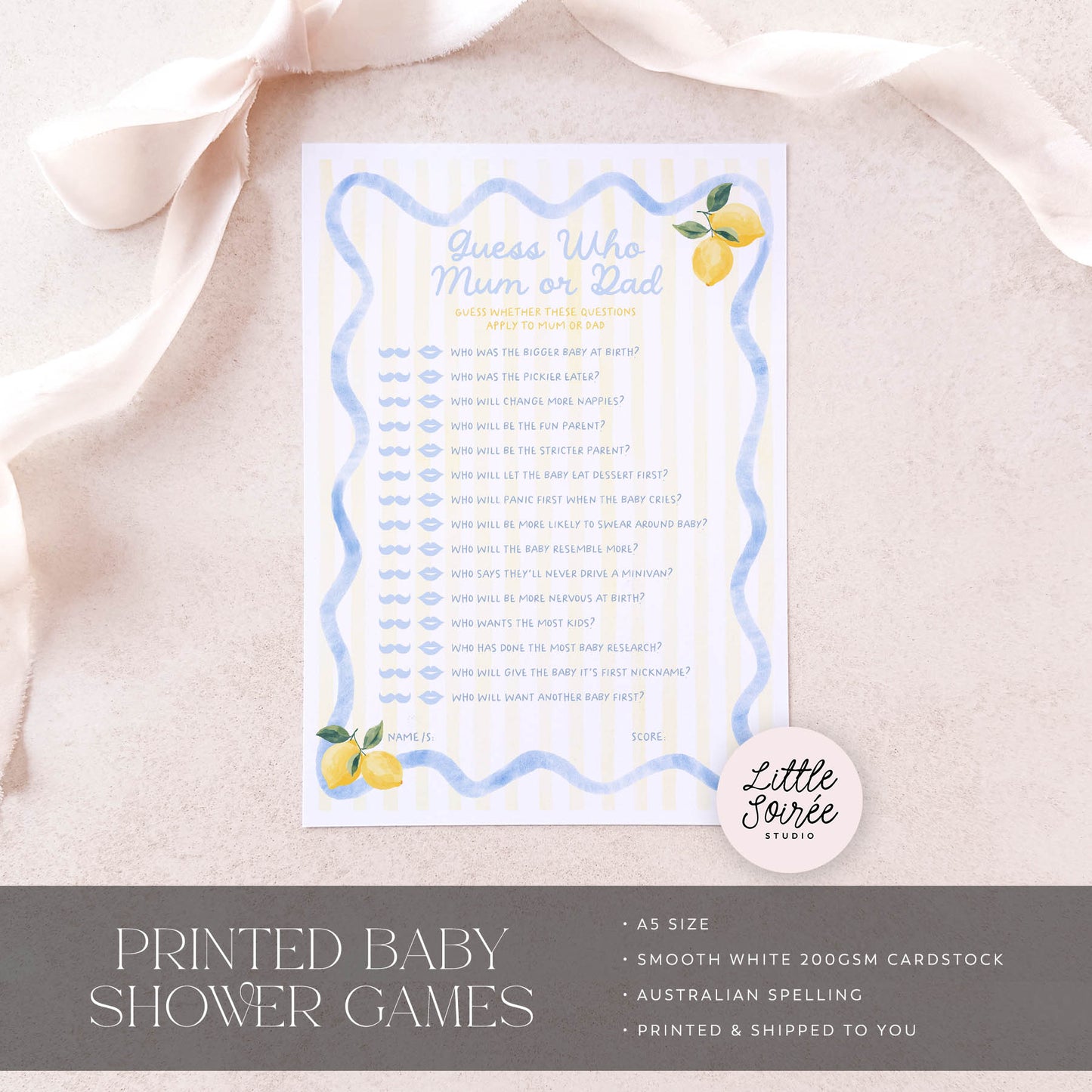 Baby shower game card on a light pink fabric background with 'Little Sourie Studio' branding.