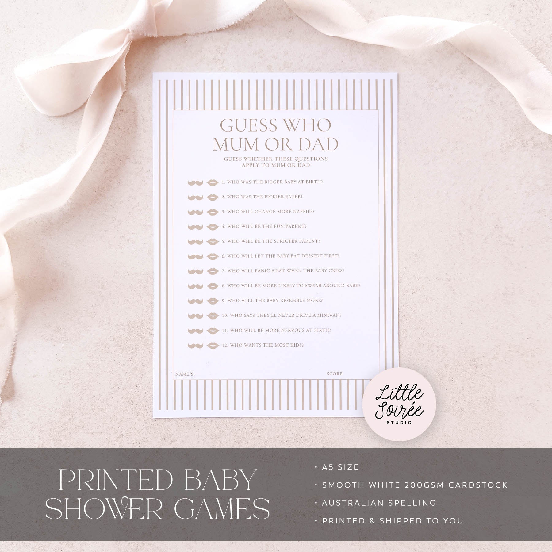 Baby shower game card on a soft pink fabric background with 'Little Souris Studio' branding.