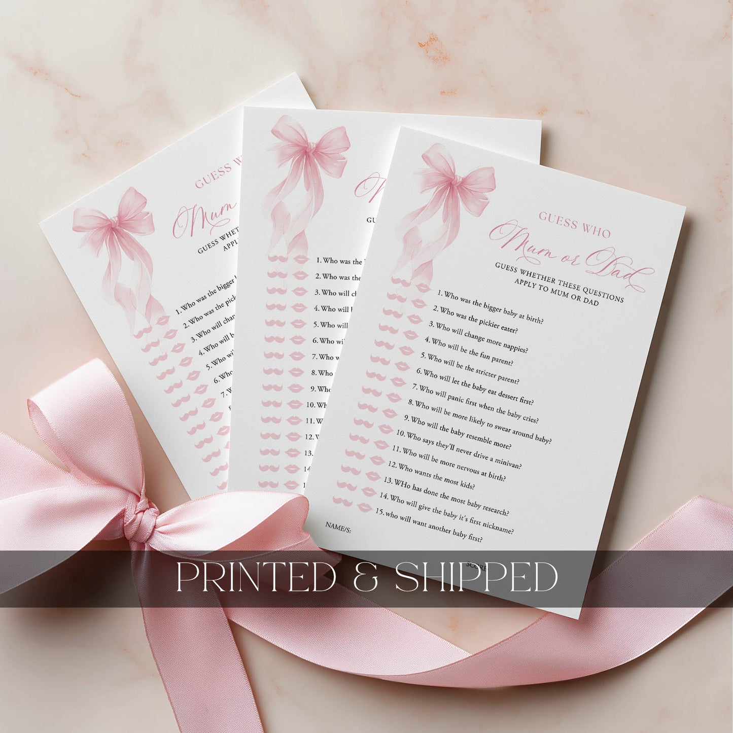 Three questionnaires with pink ribbons on a light background, labeled 'Printed & Shipped'.