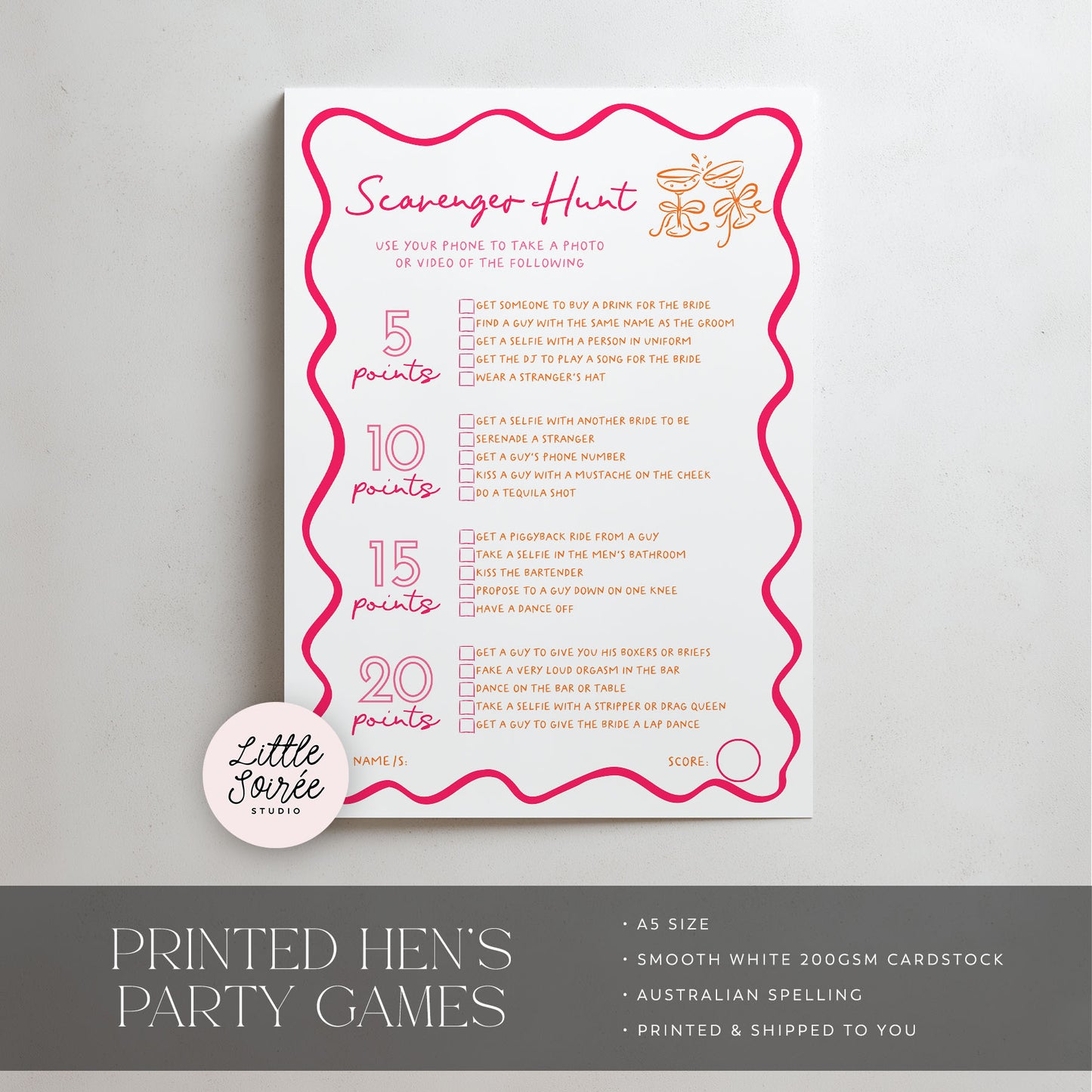 A Scavenger Hunt party game printed on a white card with a pink wavy border, shown on a light gray background. The card includes different difficulty level clues with point values and a small round sticker that reads 'Little Soiree Studio'.