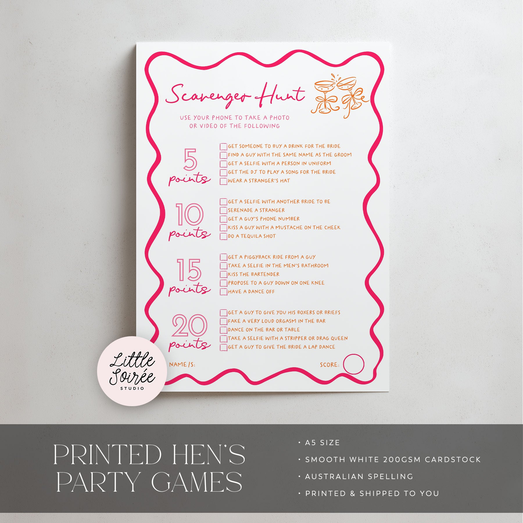 A Scavenger Hunt party game printed on a white card with a pink wavy border, shown on a light gray background. The card includes different difficulty level clues with point values and a small round sticker that reads 'Little Soiree Studio'.