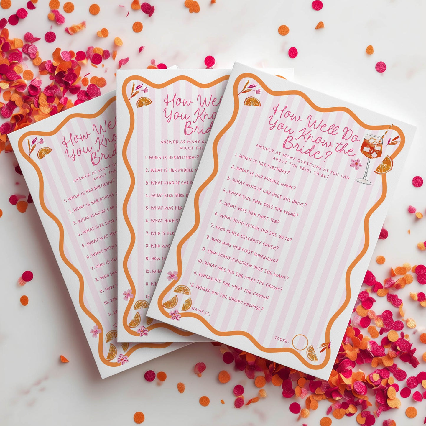Three 'How Well Do You Know the Bride?' question cards on a white background with colorful confetti.