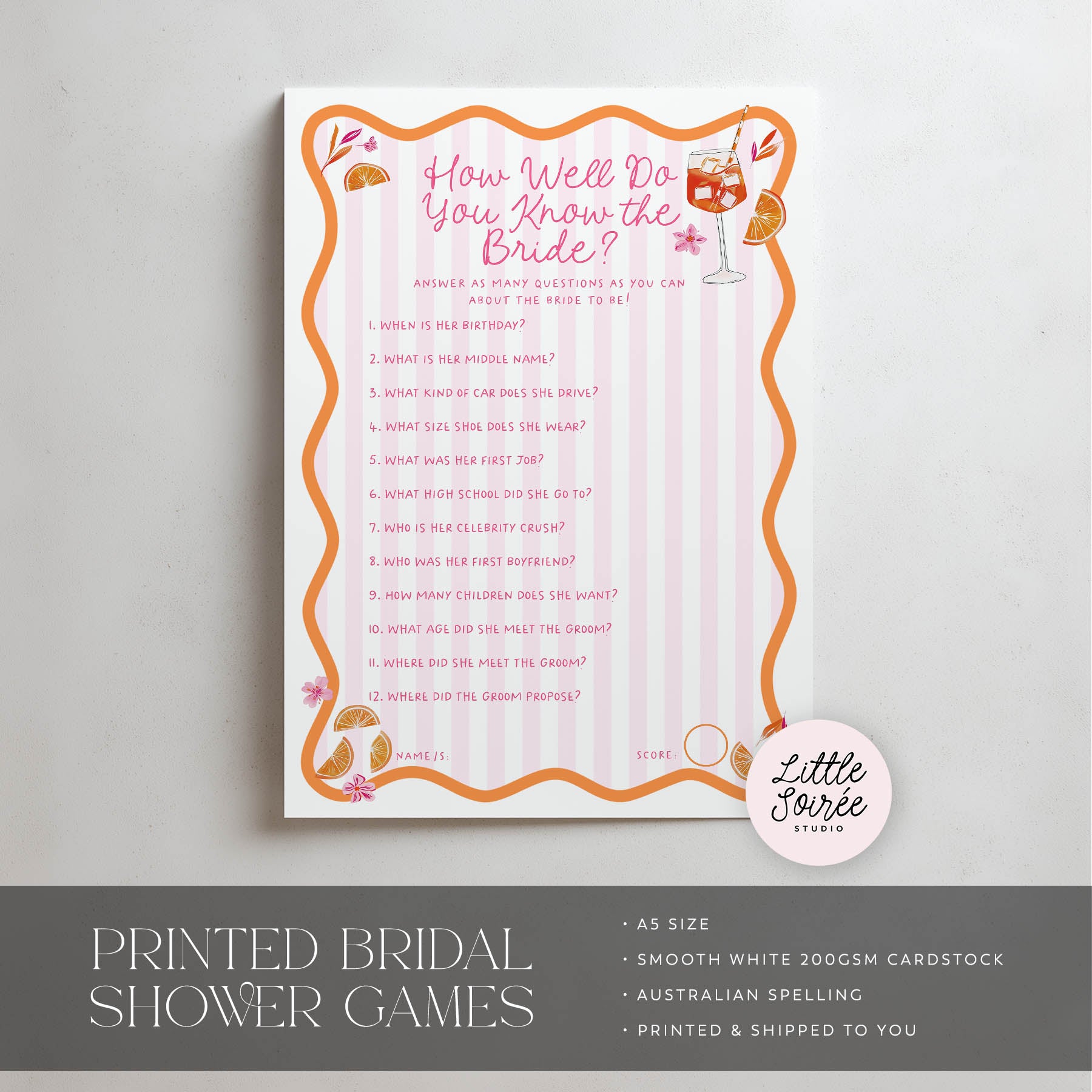 Bridal shower game card titled 'How Well Do You Know the Bride?' with decorative elements on a light gray background.