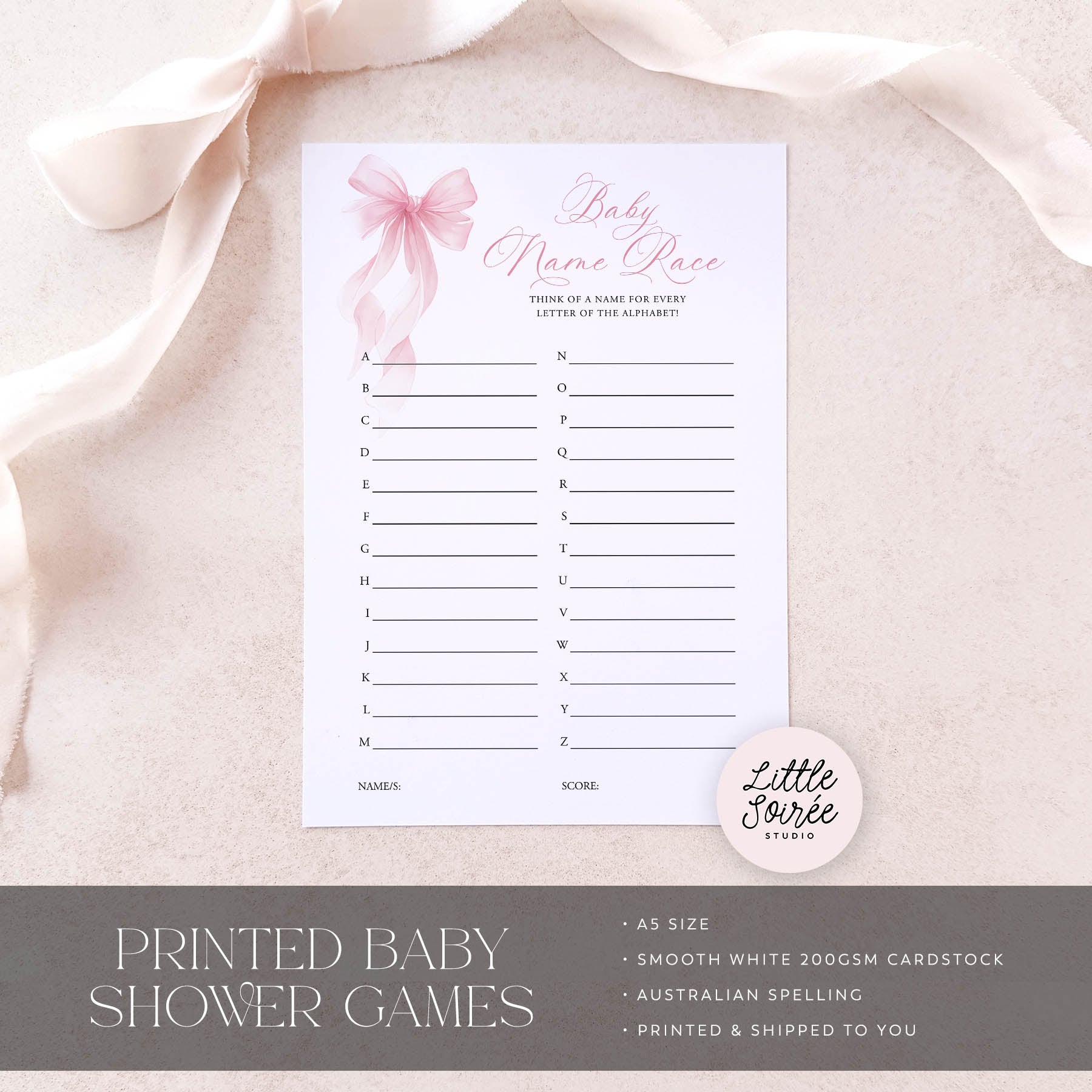 Baby shower game sheet with pink bow design on a light pink fabric background