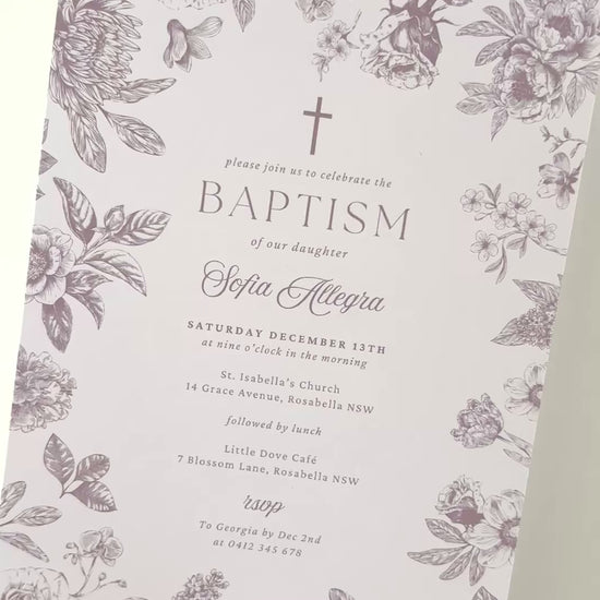 Printed baptism invitation in purple chinoiserie design
