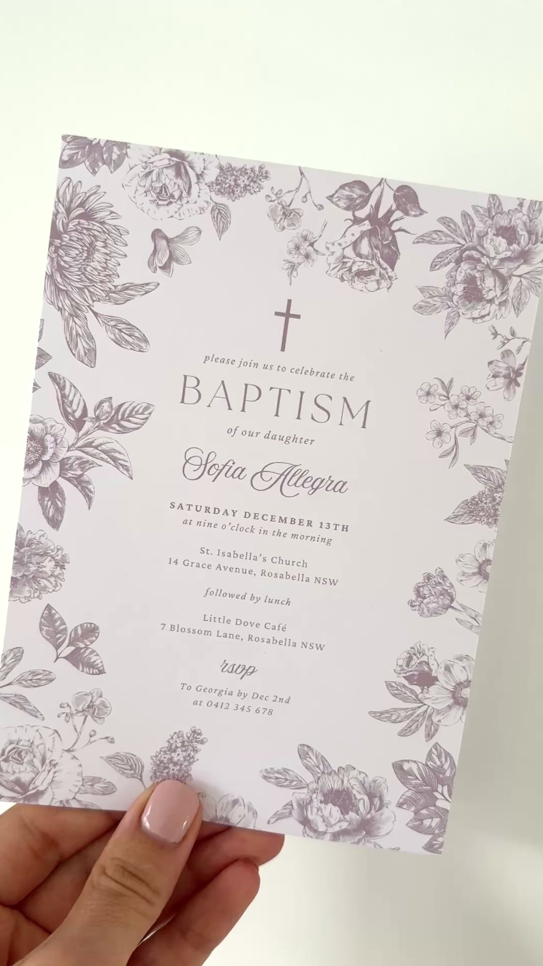Printed baptism invitation in purple chinoiserie design