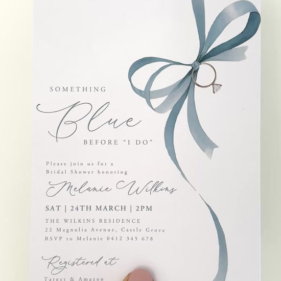 Something Blue Bridal Shower Invitation with blue bow and ring graphic