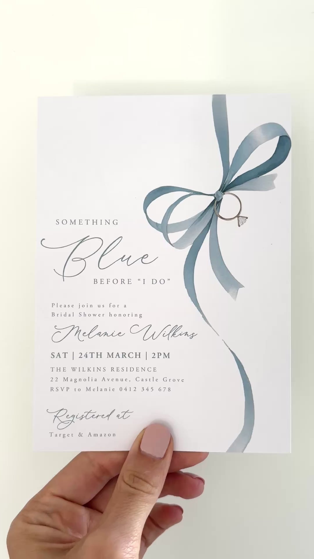 Something Blue Bridal Shower Invitation with blue bow and ring graphic