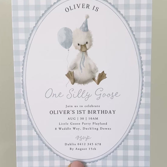 One Silly Goose Blue 1st Birthday Invitation printed