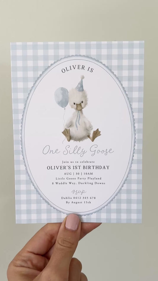 One Silly Goose Blue 1st Birthday Invitation printed