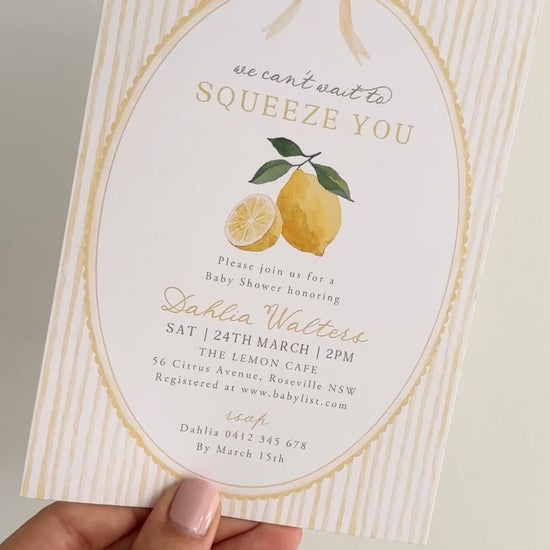 We can't wait to squeeze you baby shower invitation with lemons and yellow striped background with decorative fonts. 