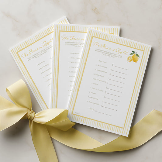 Three lined paper sheets with decorative borders and a lemon illustration, tied together with a yellow ribbon on a light background.