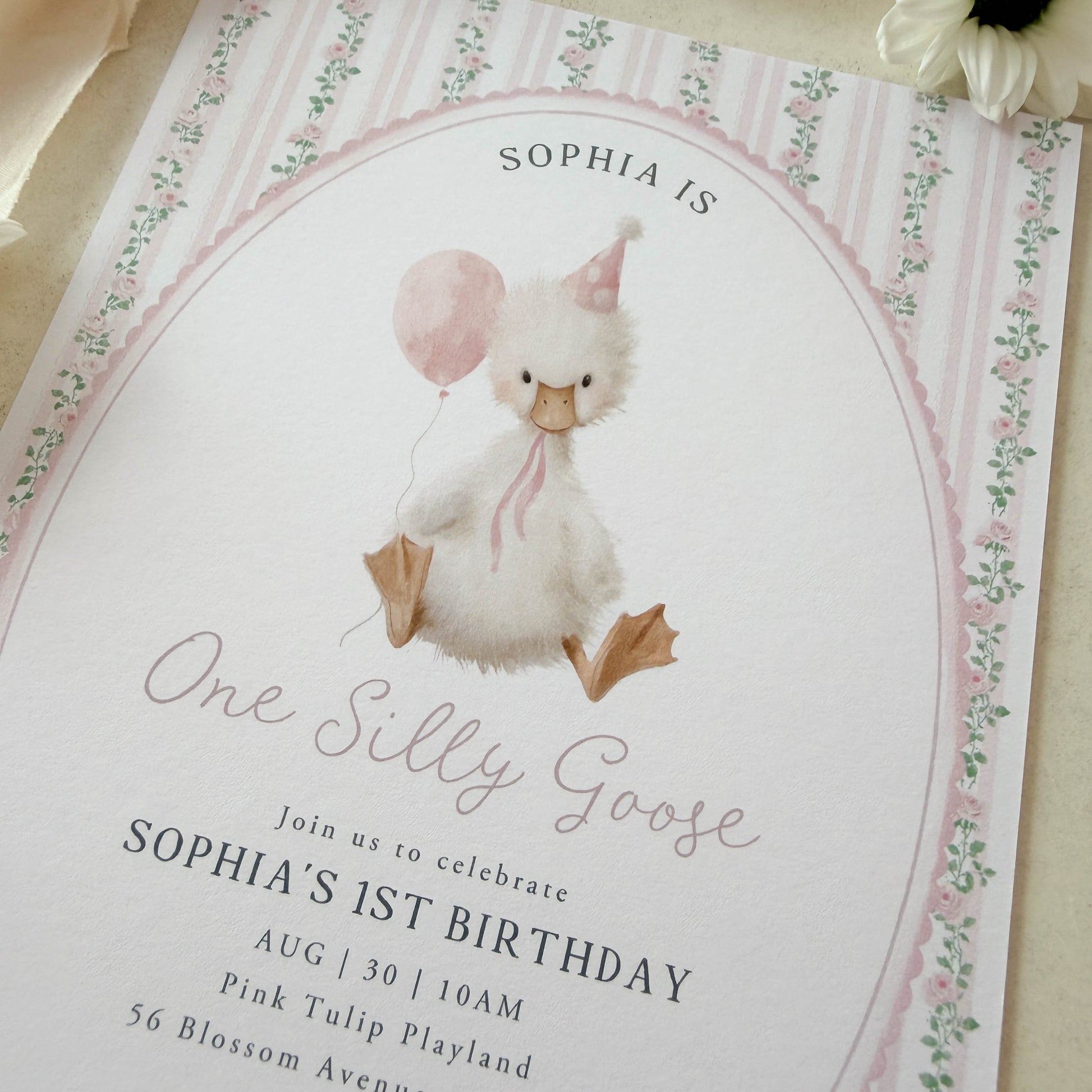Invitation card with a goose illustration and birthday details on a floral background