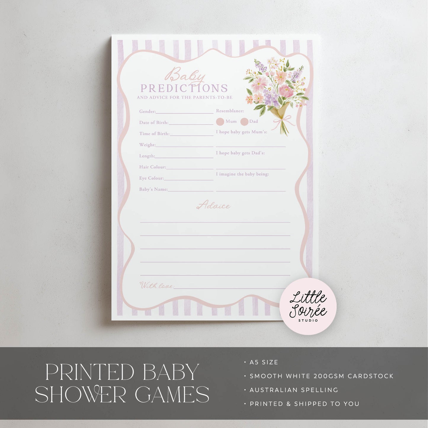 Printed Baby Shower Predictions & Advice Game – Purple Baby in Bloom | Baby Shower Games Australia