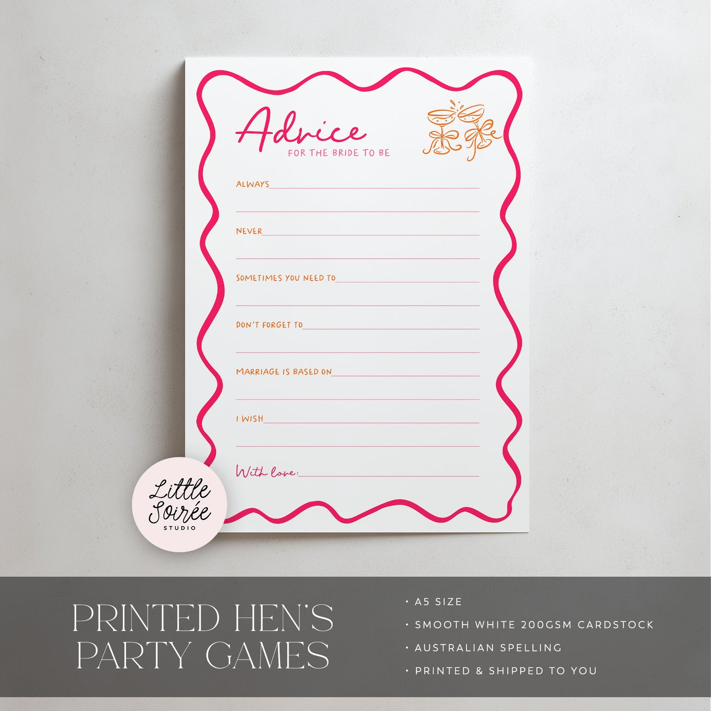 A printed hen's party game card with a white background, a bright pink wavy border, and pink and gold text, shown on a light gray surface. A circular 'Little Soiree Studio' logo is placed near the bottom left of the card, and a dark gray banner at the bottom contains product details.