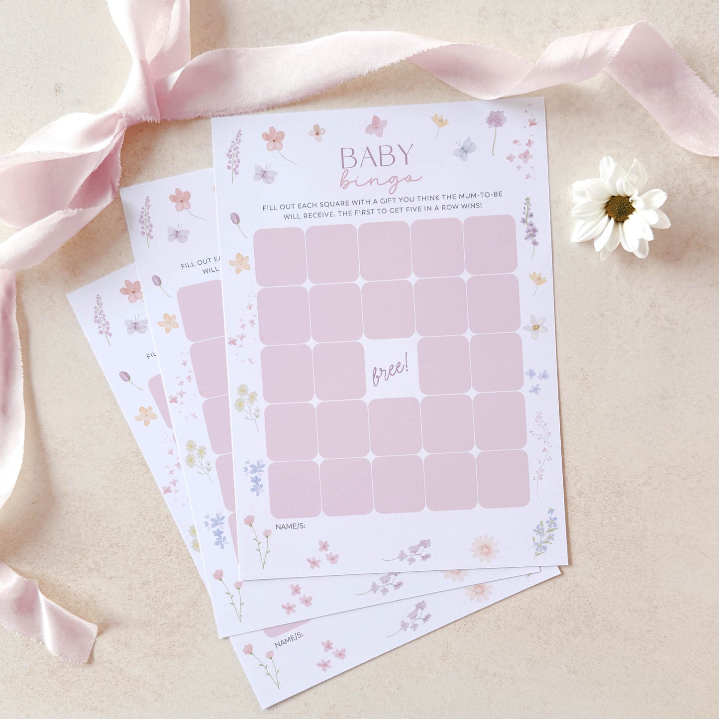 Printed Baby Bingo – Pink Wildflower | Baby Shower Games Australia