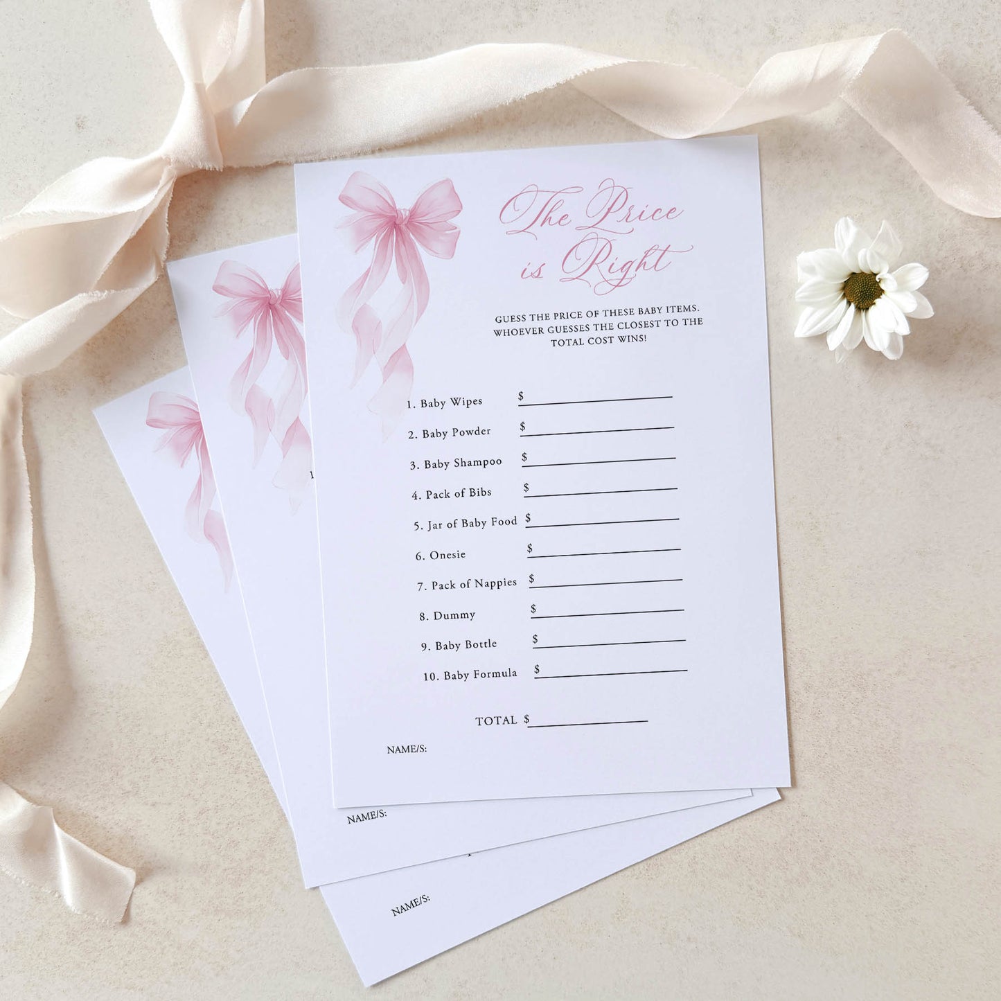 Baby shower game card titled 'The Price is Right' with pink bows and a flower on a light background.