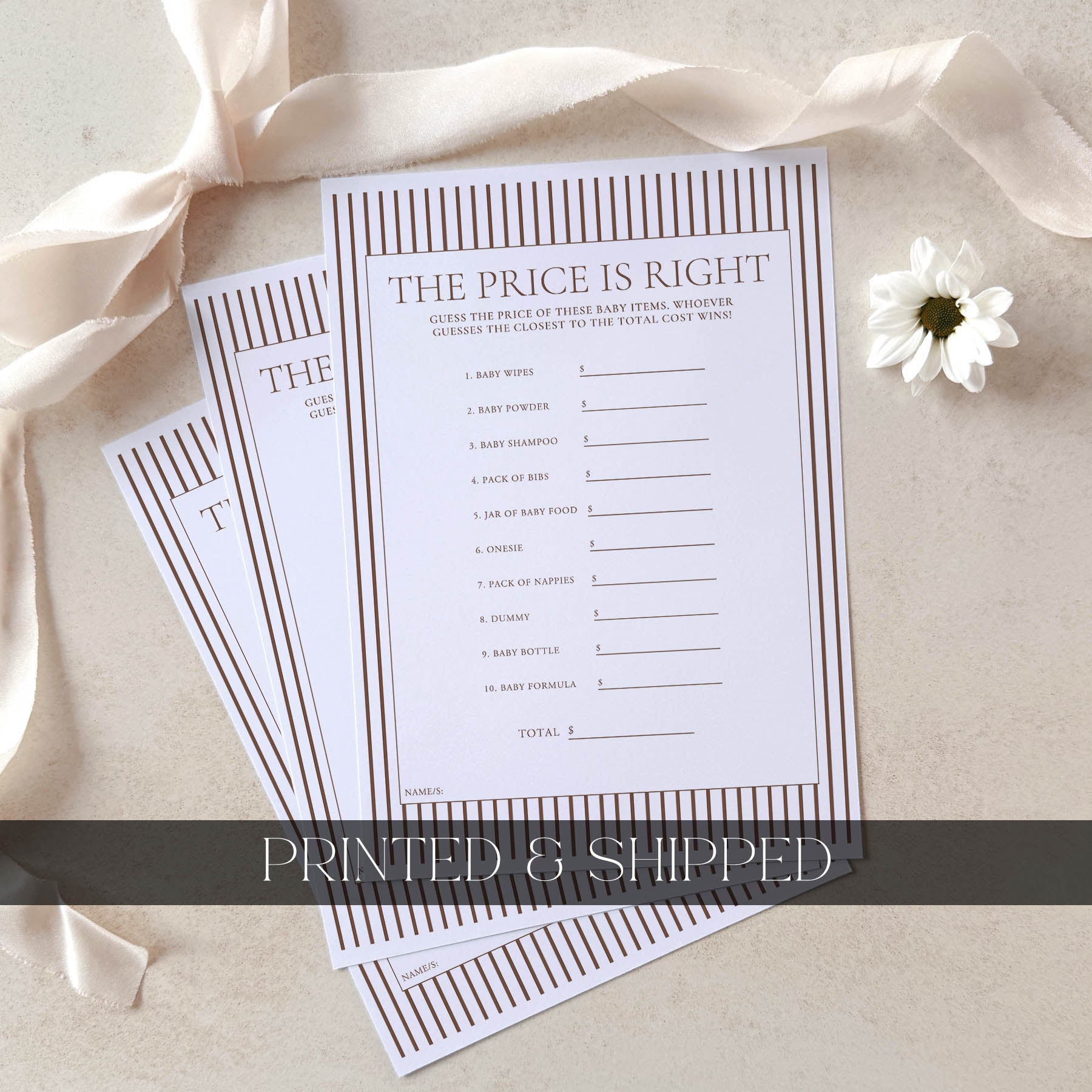 Printed 'The Price is Right' game sheet for baby shower on a light background with ribbons and a flower.